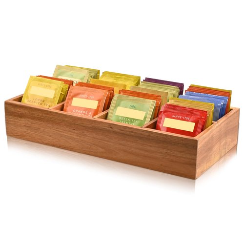 Acacia Wood Tea Bag Organizer with 8 Slots – Tea Bag Holder and Tea Organizer, Sugar Packet Storage for Countertops