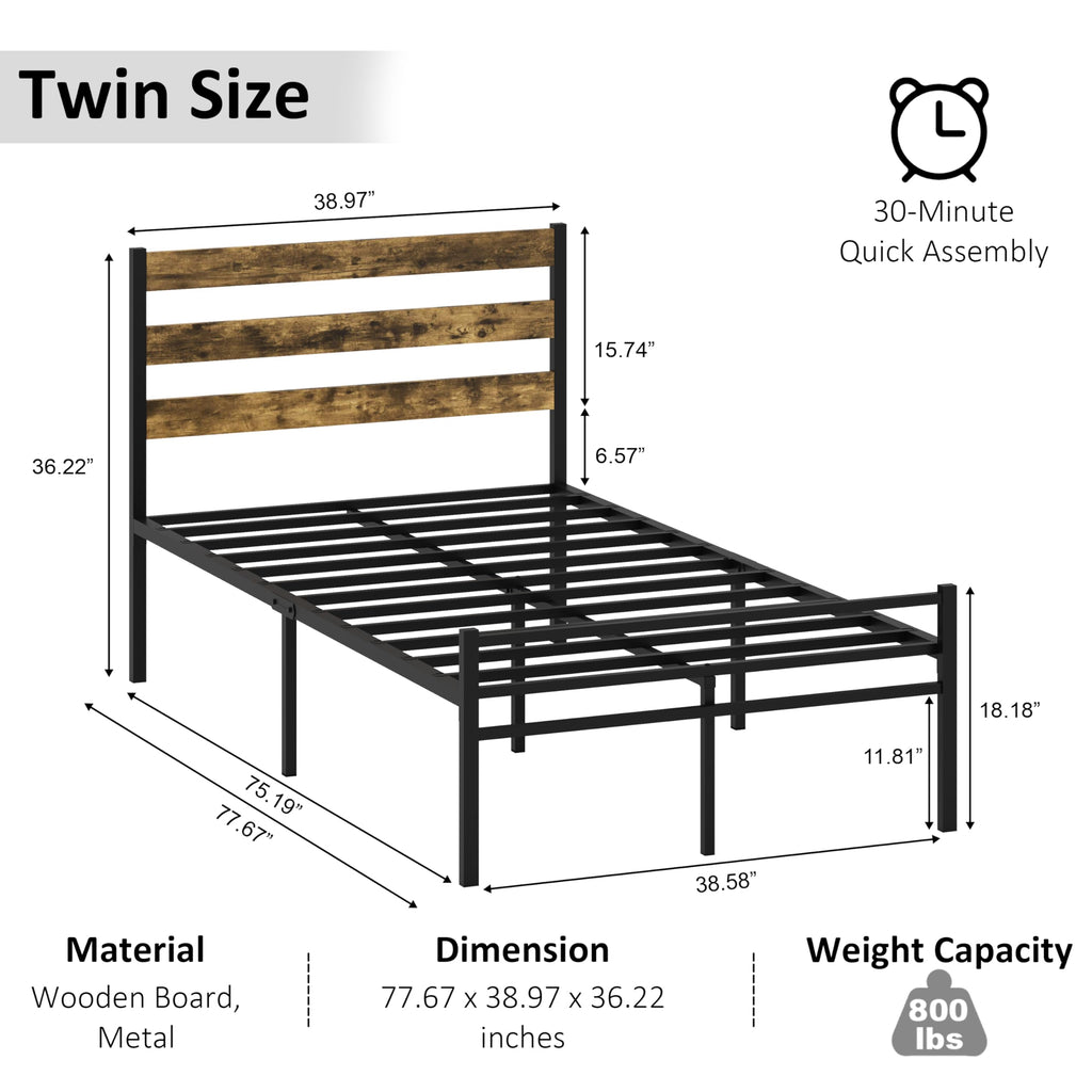 ZZBINUS Metal Platform Bed Frame with Headboard, Twin Size 39.0W x 77.7L x 36.2H inches, Wood and Faux Leather, Walnut (Walnut Colour, Twin)