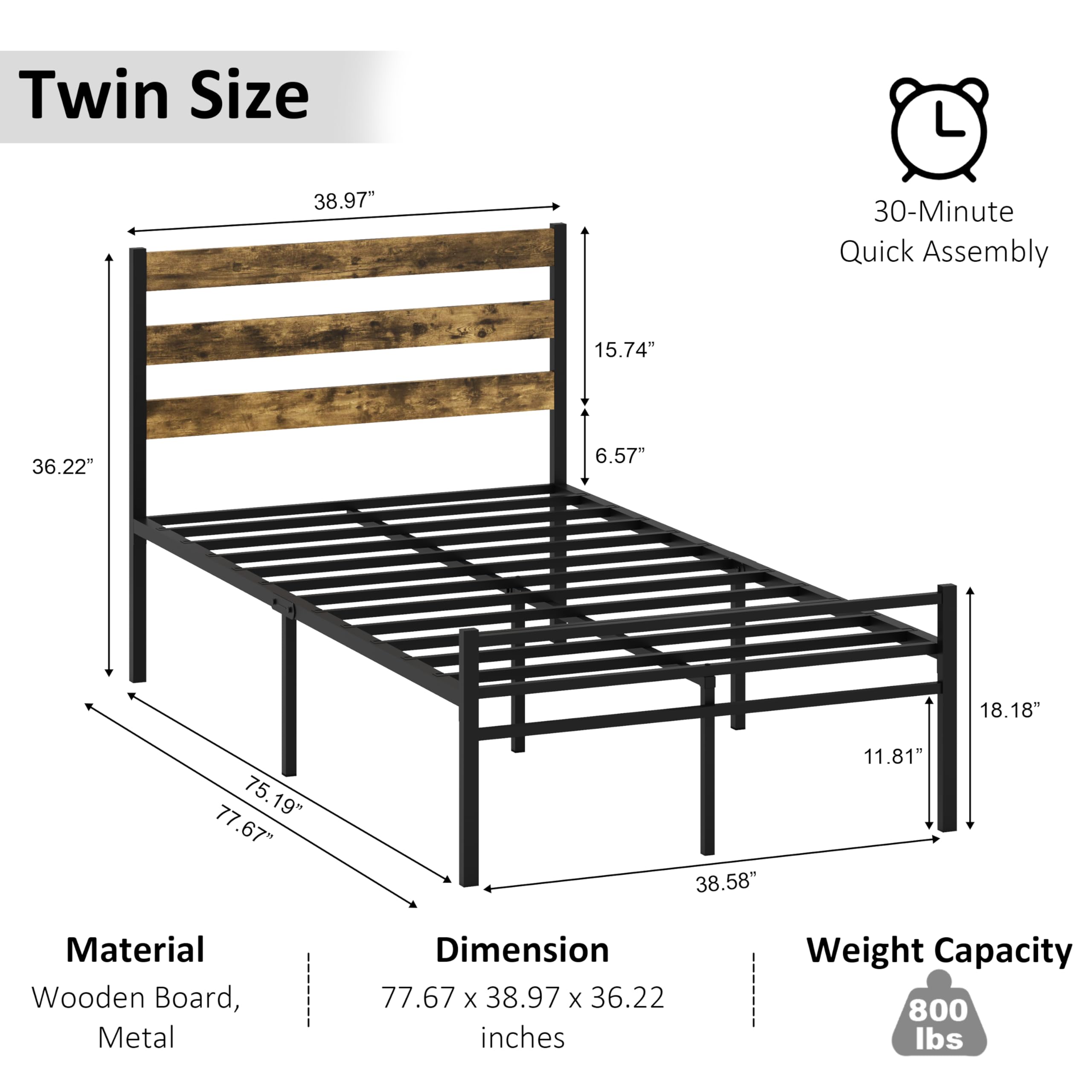 ZZBINUS Metal Platform Bed Frame with Headboard, Twin Size 39.0W x 77.7L x 36.2H inches, Wood and Faux Leather, Walnut (Walnut Colour, Twin)