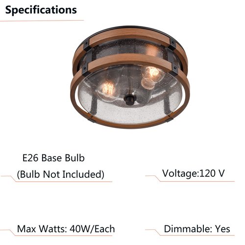 DEYNITE Farmhouse Ceiling Light Fixture 2-Light Hallway Ceiling Light in Black & Rustic Wood Grain Finish with Clear Seeded Glass Shade