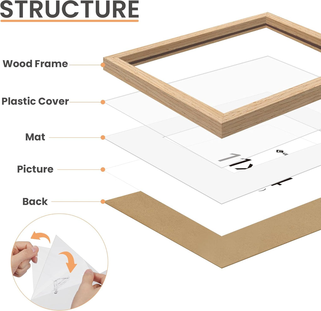 Upsimples 11x14 Picture Frame - Natural Solid Wood Frame for 8x10 or 11x14 Photos | Vertical & Horizontal Display