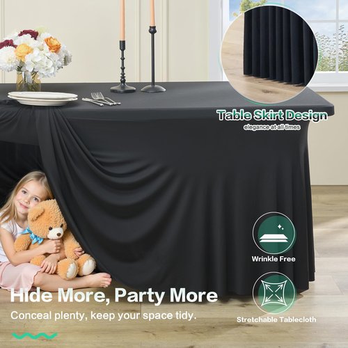 Black 8FT Spandex Tablecloth for 8FOOT Rectangle Tables, 4 Pack Stretchy Wrinkle Free Table Cloths for Parties Wedding Birthday Baby Shower