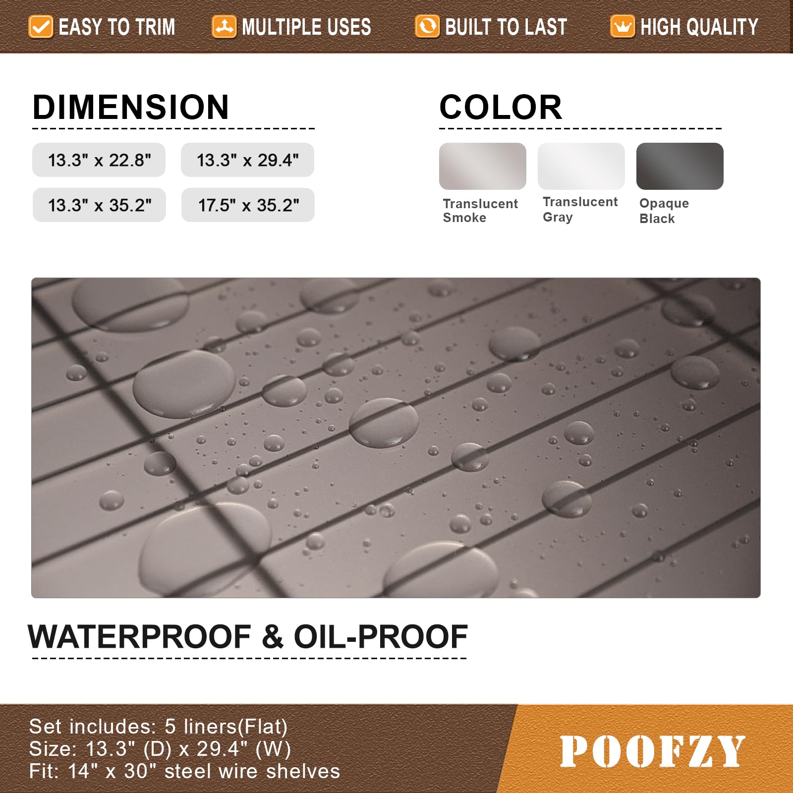 Poofzy Wire Shelf Liner 16" X 36", Non-Adhesive Plastic Shelf Liners for Wire Shelving, Waterproof Protector Mats (5PK, Gray)