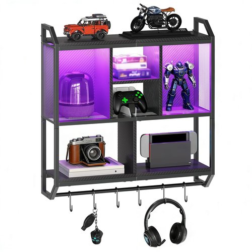HOOBRO Gaming Floating Shelves with LED Lights, 28.7" LED Wall Mounted Shelf, 3-Tier Display Rack for Wall Storage, Floating Rack with Hanging Rod and 6 S-Hooks, for Gaming Room, Black BB70DBJ01