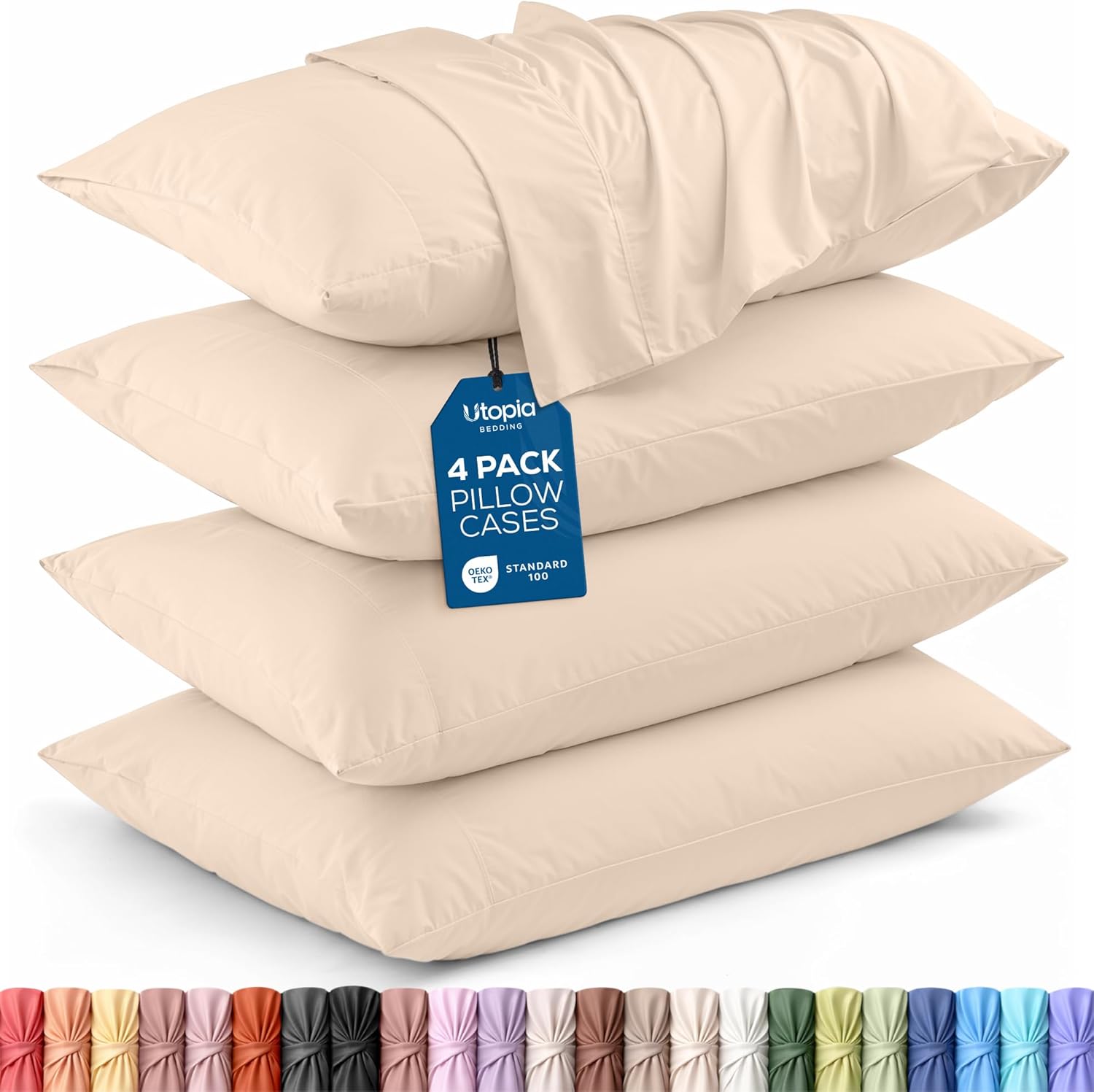 Utopia Bedding Standard Pillow Cases - 4 Pack Soft Brushed Microfiber - Fade Resistant 20 x 26 Inches | Beige