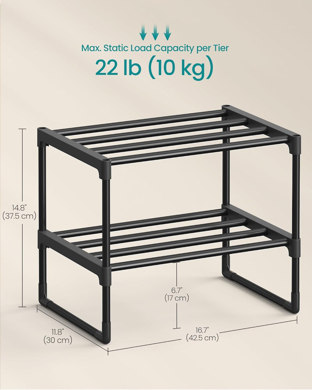 SONGMICS Shoe Rack - 2-Tier Metal Organizer for 3-6 Pairs | Stackable & Versatile Design, Black 11.8 x 16.7 x 14.8 Inches