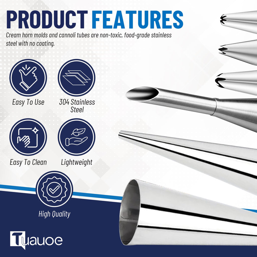 Tuauoe Cream Horn Molds for Baking, 23pcs Horn Forms Set, Non-stick Stainless Steel 15pcs Cone Shaped with Cleaning Brush, Piping Tip, Piping Bag, for ice Cream Cones, Puff Pastry, Baking Cones