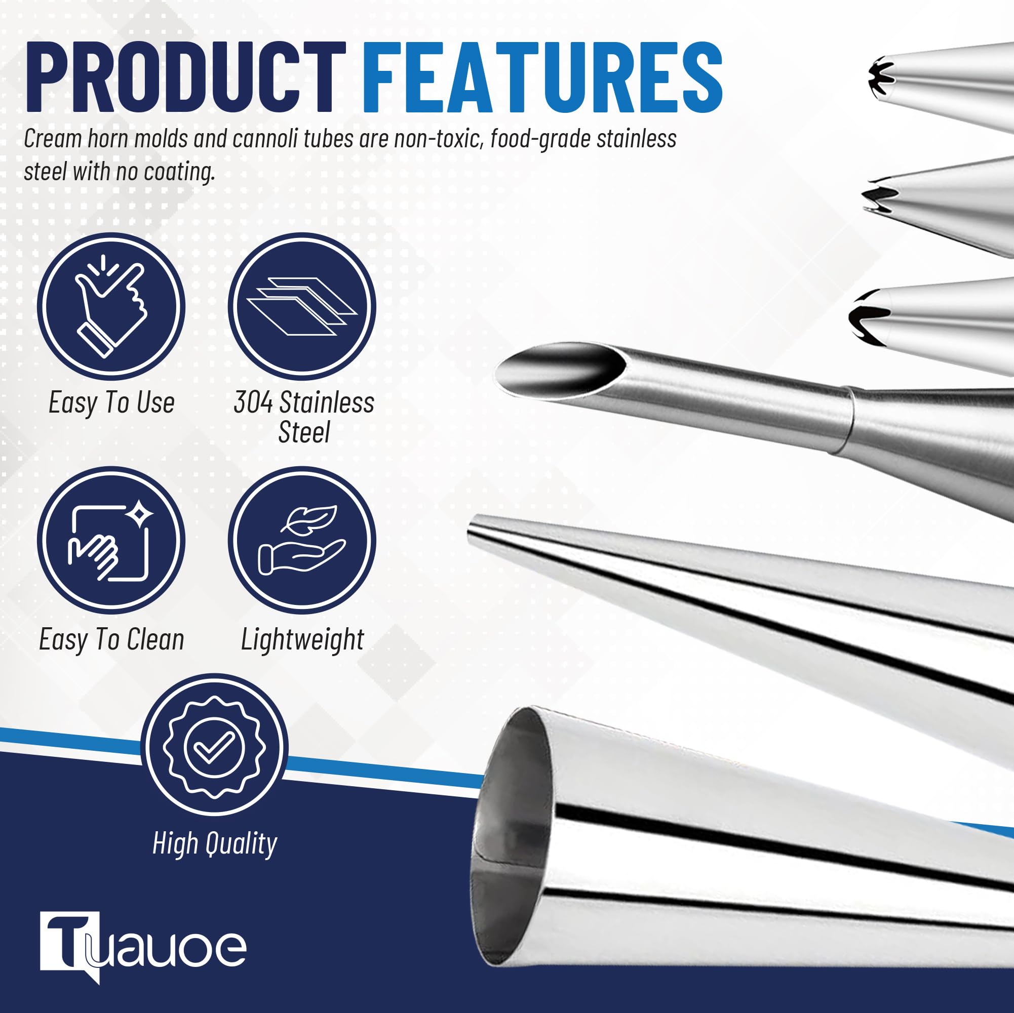 Tuauoe Cream Horn Molds for Baking, 23pcs Horn Forms Set, Non-stick Stainless Steel 15pcs Cone Shaped with Cleaning Brush, Piping Tip, Piping Bag, for ice Cream Cones, Puff Pastry, Baking Cones