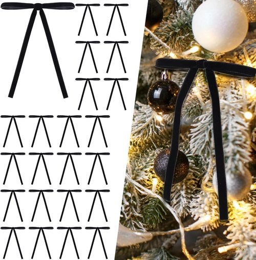 DIYDEC 24PCS Velvet Christmas Bow Ornaments - 5x7 Inch Black Ribbon Bows for Holiday Decor
