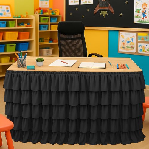 Wokuaile Black Table Skirt Tutu Ruffled Tablecloth for Classroom Teacher Desk Skirt Back to School Supplies for Princess Girls Birthday Party Cake Dessert Decorations, 9FT