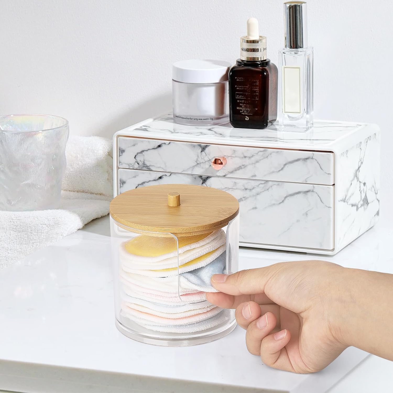 Tbestmax Cotton Pad Holder - Clear Bathroom Organizer with Bamboo Lid for Stylish Storage