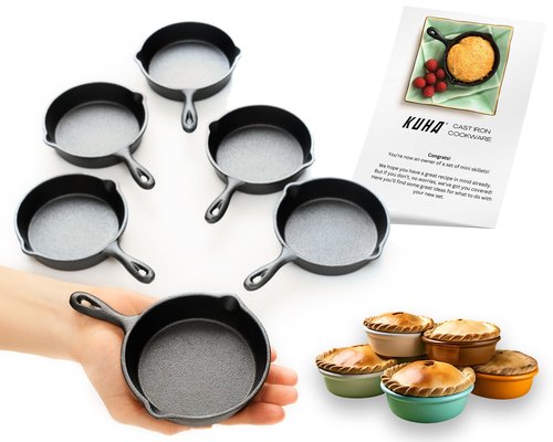KUHA Mini Cast Iron Skillets 4' (Pack of 6) - Black Non Stick Frying Pans with 6 Small Silicone Trivets and Scraper - Set of Miniature Skillets, Small Frying Pan Skillet with Lid