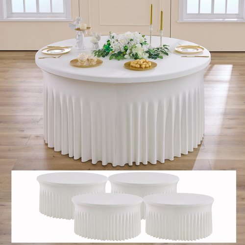 NSSONBEN 4 pk Ivory Round Spandex Tablecloth 60 inch with Ruffled Skirt,Wrinkle Free High-Stretch 120 inch Fitted 5ft Cream Table Cloths Round Spandex Table Covers for Party Wedding Banquet Dinning
