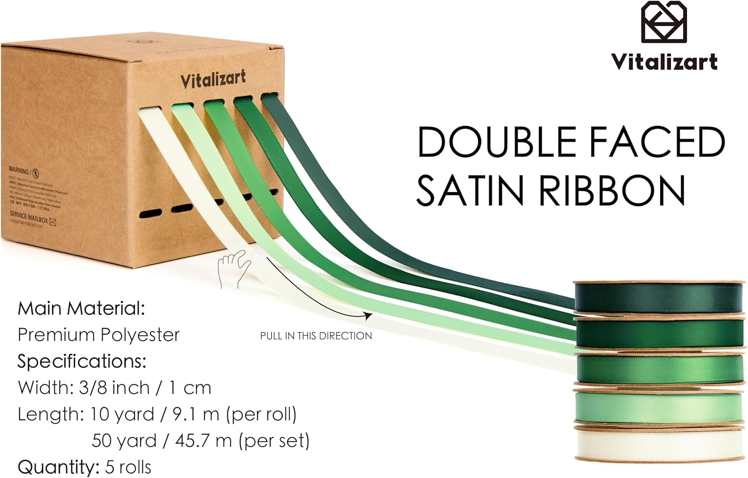 Vitalizart Satin Ribbon - Green & Cream Double-Faced Craft Ribbon | 3/8" x 50 Yd for Gift Wrapping & Decorations