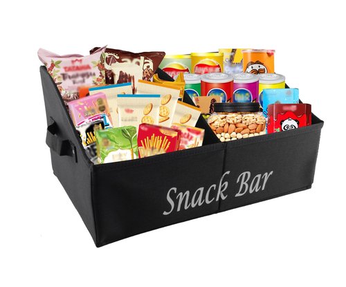 Xbopetda Snack Organizer for Countertop, Fabric Snack Organizer with Handles, 2 Large Compartment Snack Container Snack Basket, Snack Bar Station Decor, Kitchen Pantry Organizer and Storage, Black