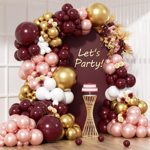HKYOOD 150Pcs Burgundy Balloon Garland Arch Kit - Birthday Party Decorations with Metallic Rose Gold Maroon White Gold Balloons for Baby Shower Valentines Day Bridal Shower Wedding Prom Decorations