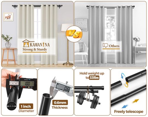 KAMANINA 1 Inch Double Curtain Rods 66 to 120 Inches (5.5-10 Feet), Heavy Duty Adjustable Double Curtain Rod for Windows, Black Drapery Rods with End Caps