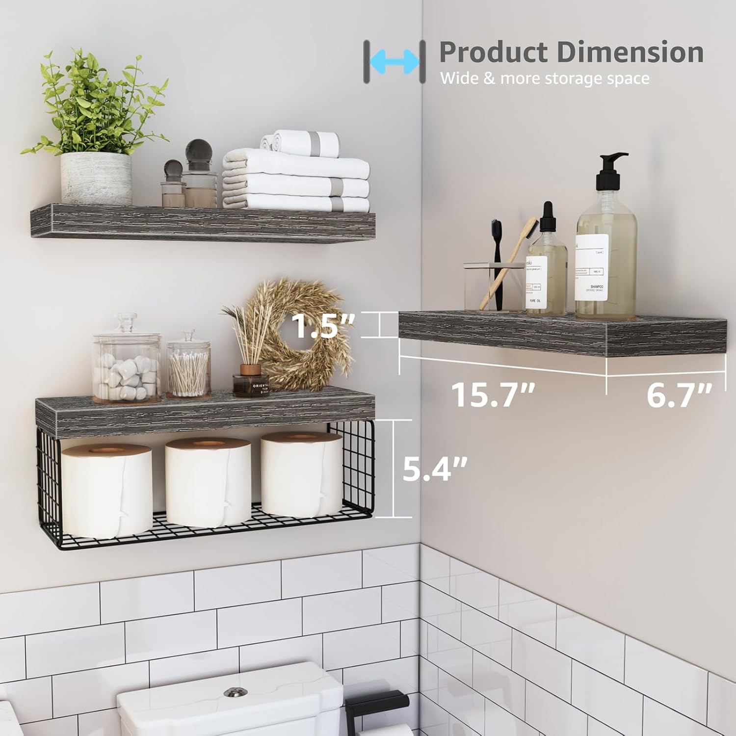 QEEIG Bathroom Shelves | Over Toilet Wall-Mounted Floating Storage - Set of 3 Grey 16-Inch Farmhouse Decor