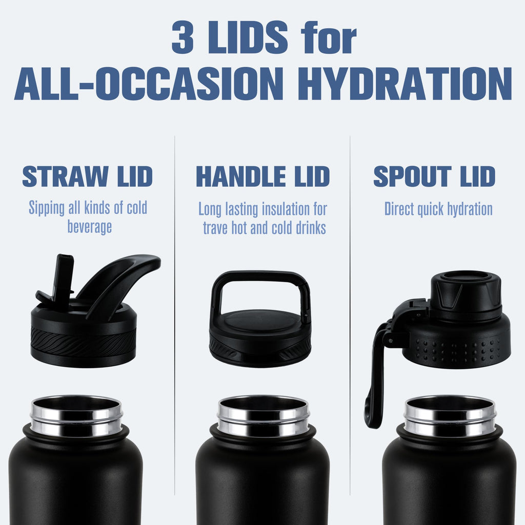 OLDLEY 32 oz Insulated Water Bottle With Straw, Stainless Steel Sports Water Cup Flask with 3 Lids(Straw, Spout and Handle Lid) Double Walled Travel Thermal Canteen Mug,Black