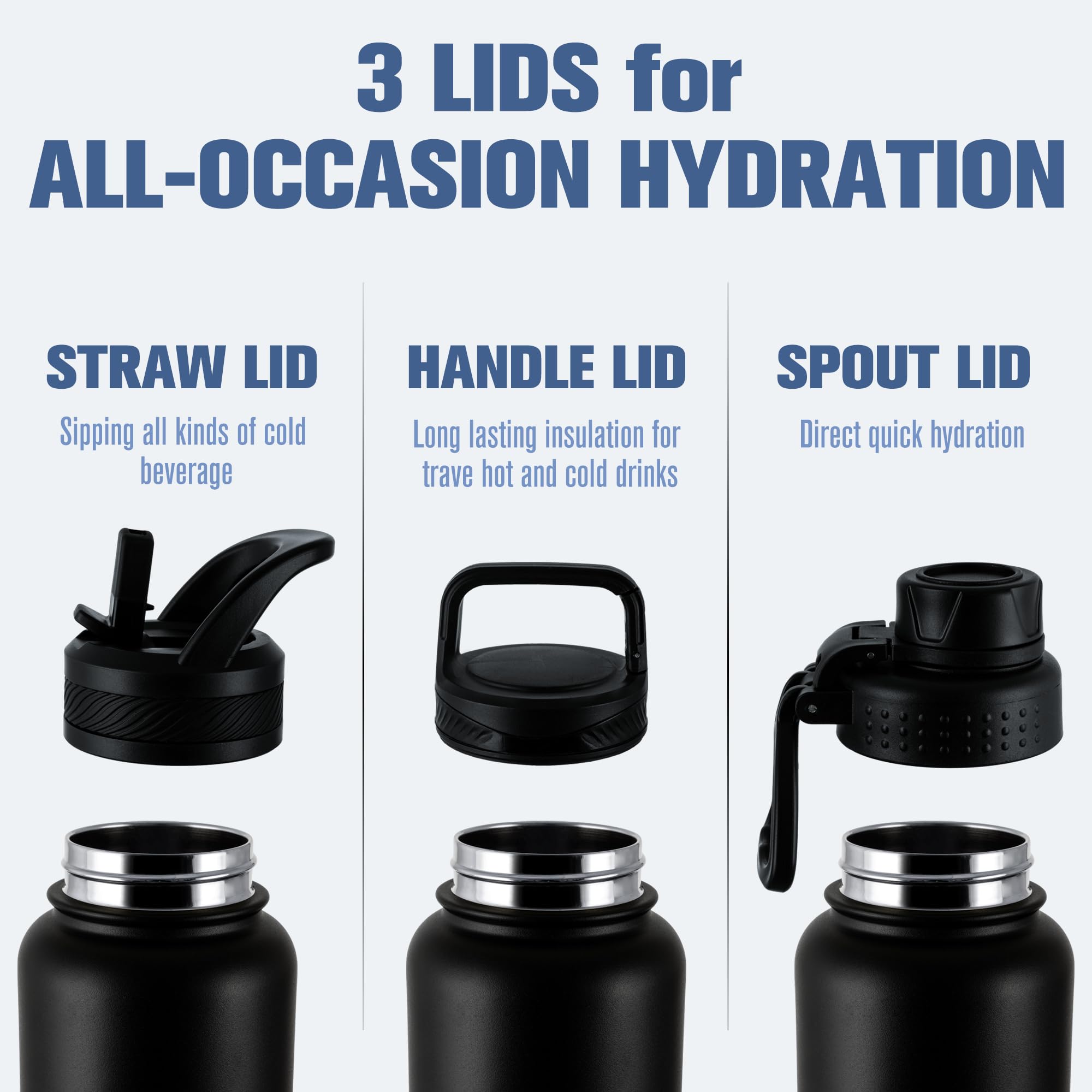 OLDLEY 32 oz Insulated Water Bottle With Straw, Stainless Steel Sports Water Cup Flask with 3 Lids(Straw, Spout and Handle Lid) Double Walled Travel Thermal Canteen Mug,Black