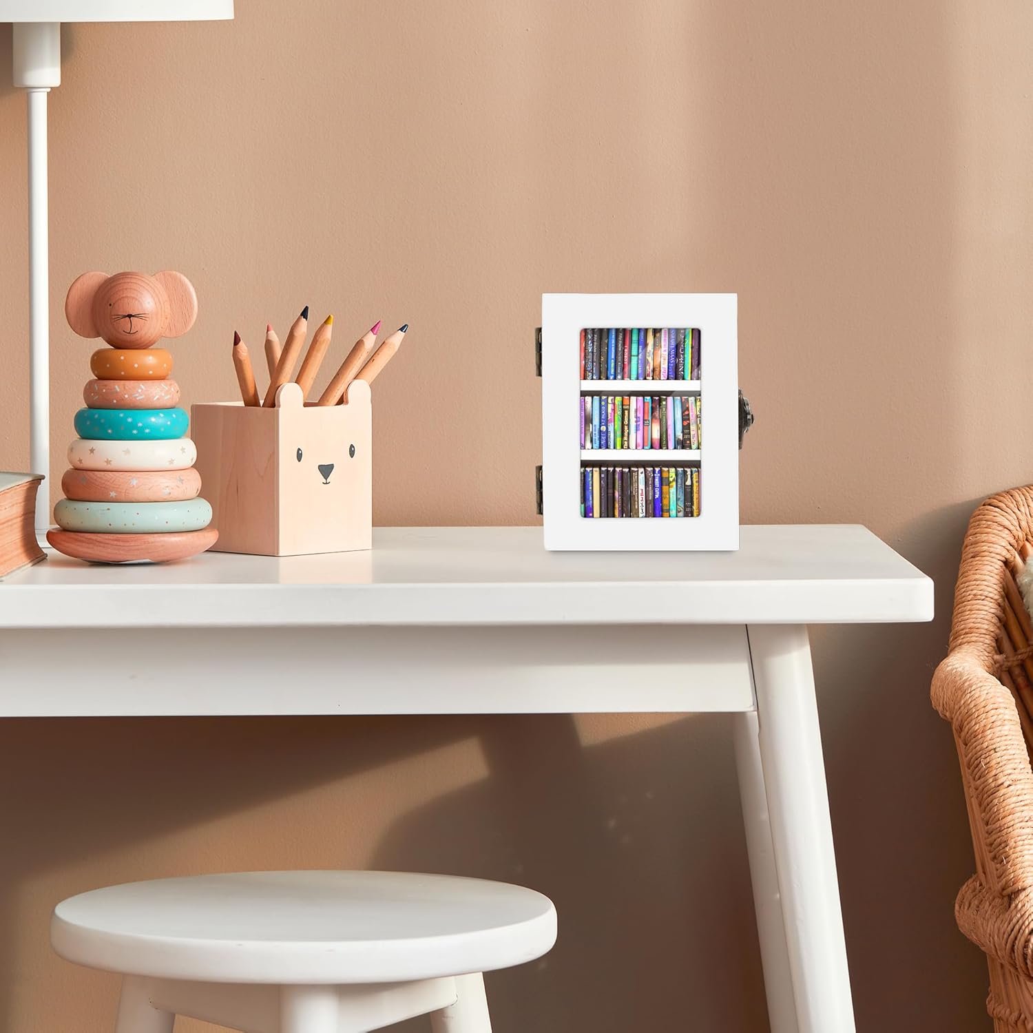 Regine Switzerland Mini Bookshelf | 60PCS Wooden Miniature Book Library for Stress Relief - White