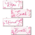 Yousoontic 4Pcs Coquette Pink Bow Wall Decor Aesthetic Pink Bow Bathroom Bedroom Wall Art Relax Soak Unwind Breathe Party Wood Hanging Sign Set for Home Laundry Spa Room