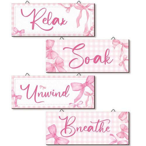 Yousoontic 4Pcs Coquette Pink Bow Wall Decor Aesthetic Pink Bow Bathroom Bedroom Wall Art Relax Soak Unwind Breathe Party Wood Hanging Sign Set for Home Laundry Spa Room