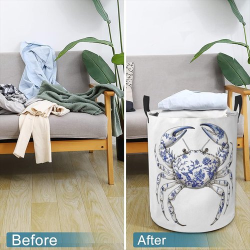 Chinoiserie Crab Laundry Basket Foldable Laundry Hamper with Handles Clothes Storage Bin for Household Bedroom Bathroom Dorms 17.3"x13.6"