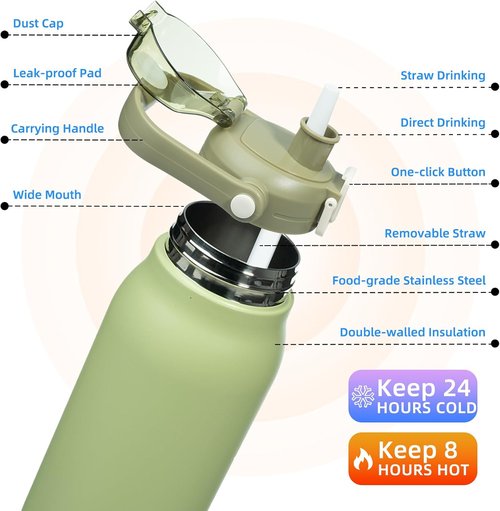 BJPKPK Insulated Water Bottle - 45 oz Stainless Steel with Straw & One-Handed Lid | BPA-Free Light Green