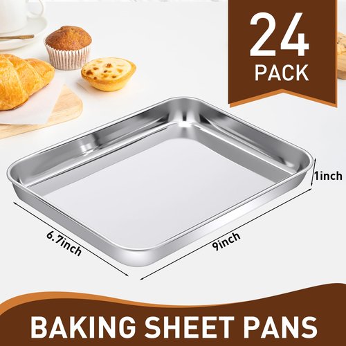 meekoo 24 Pcs Baking Sheet Pan Cookie Sheet Set for Oven Stainless Steel Trays Nonstick Small Serving Tray Cake Toaster Metal Food Trays, Oven and Dishwasher Safe (9 x 6.7 x 1 Inch)
