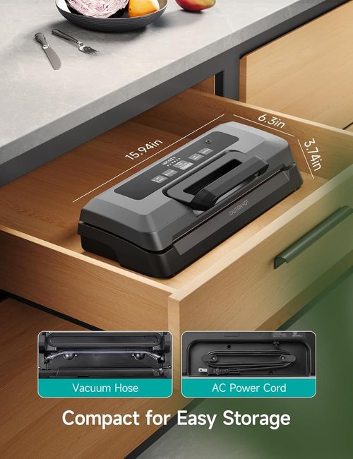 HiCOZY Vacuum Sealer - Powerful Heat Sealing Machine with 7 Automatic Modes | Compact Design, 10 Bags Included, Space Gray