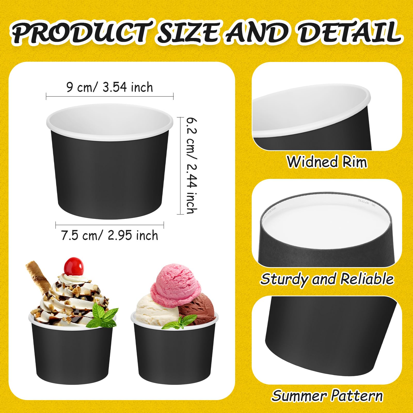 Nuenen 8 oz Summer Ice Cream Paper Cups Bulk Disposable Dessert Cups Solid Color Paper Dessert Bowls for Snack Sundae Spring Party Favors Ice Cream Bar Supplies(Black,300 Pcs)
