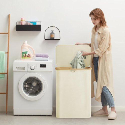 Lifewit 150L Laundry Basket - Foldable Hamper with Lid & Bamboo Handles | White, Large Capacity