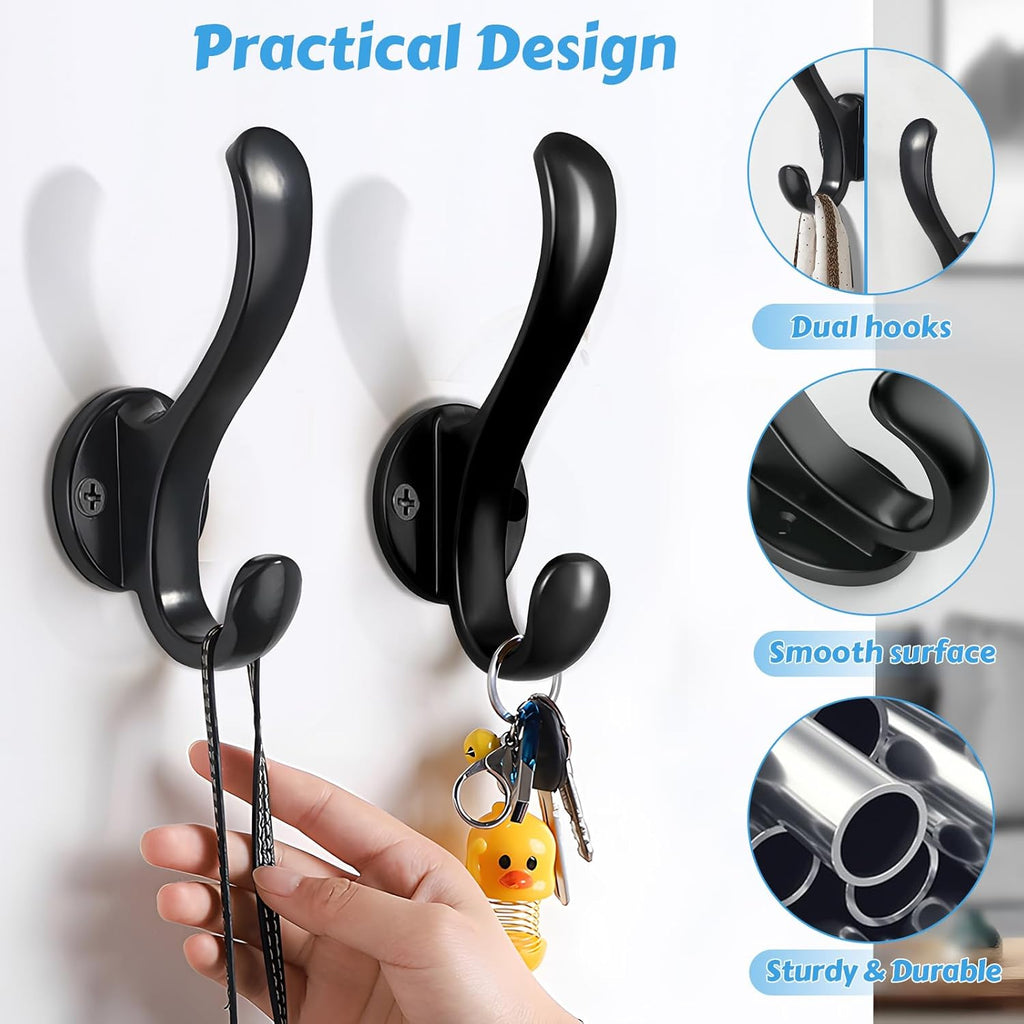 Skiennix 6 Pack Coat Hooks - Heavy Duty Retro Double Hooks for Coats, Hats, Towels & More | Black