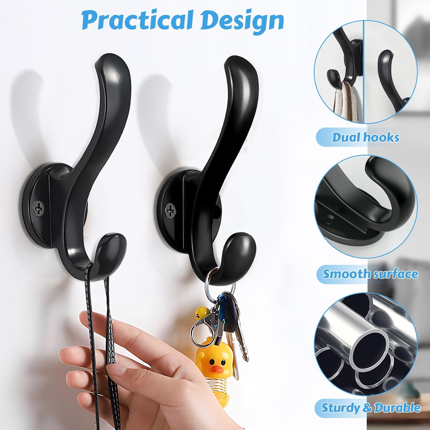 Skiennix 6 Pack Coat Hooks - Heavy Duty Retro Double Hooks for Coats, Hats, Towels & More | Black