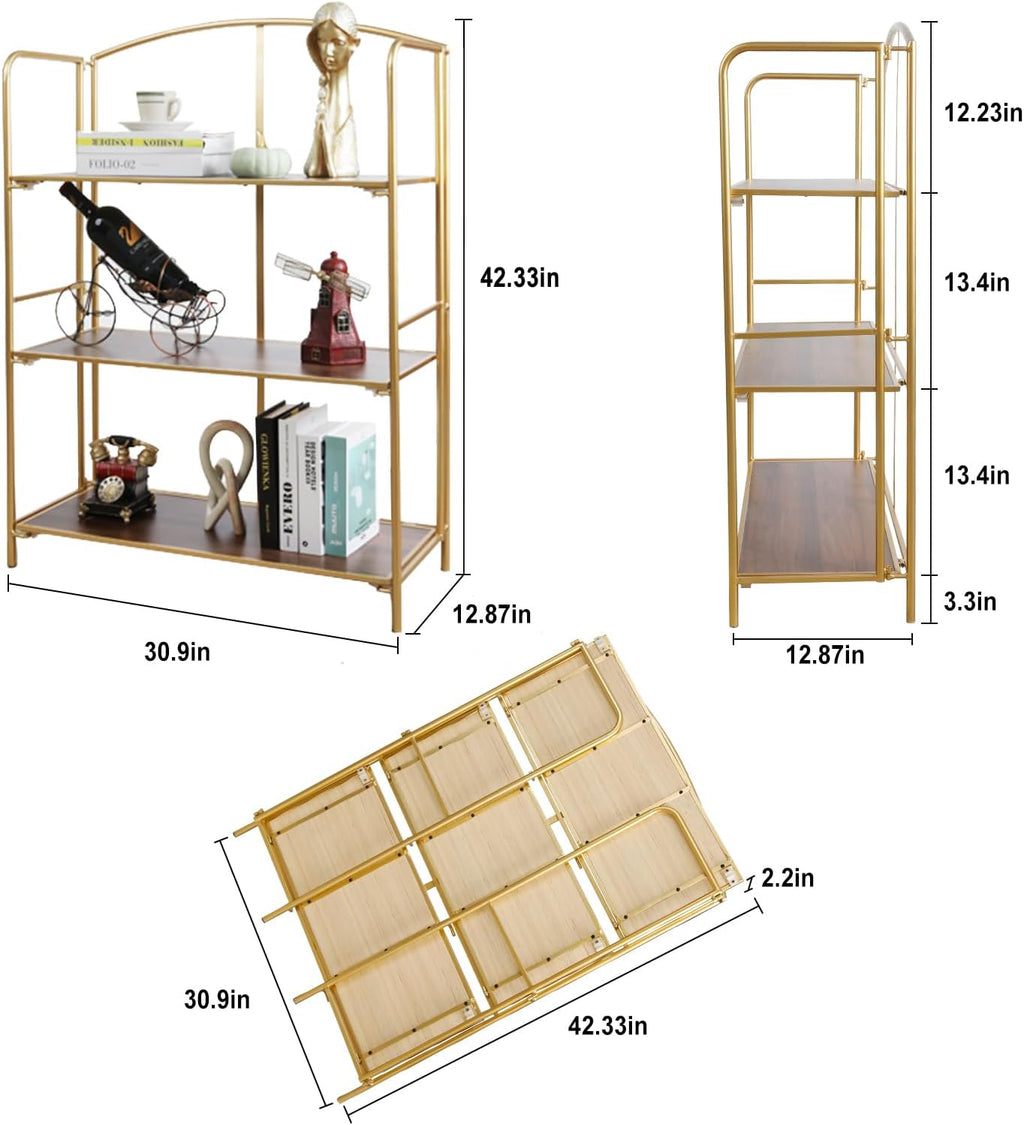 Crofy Folding Bookshelf - No Assembly Required, 3-Tier Gold Bookcase for Living Room & Home Office