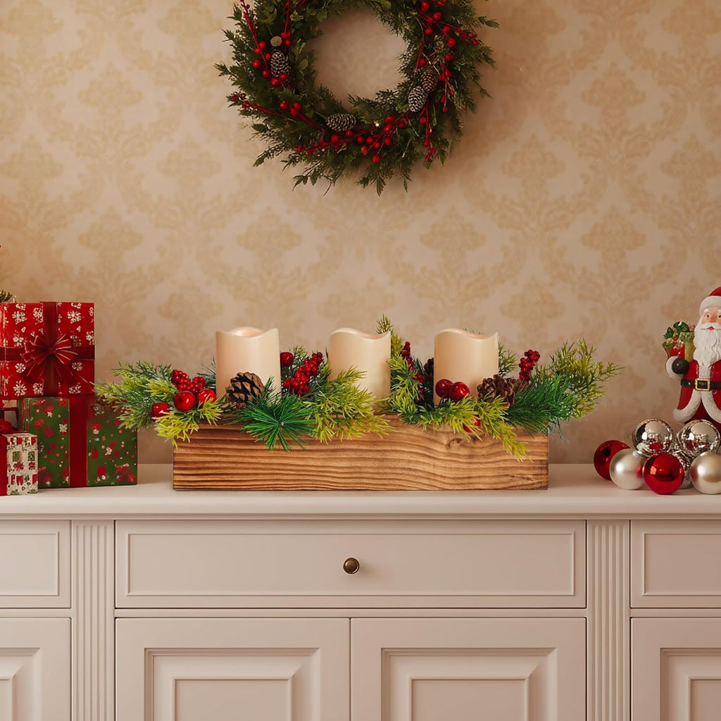 Regine Switzerland Christmas Table Centerpiece - 3 Flameless LED Candles with Pine Cones & Red Berries | Rustic Wood Holders for Holiday Dining & Xmas Party Decor