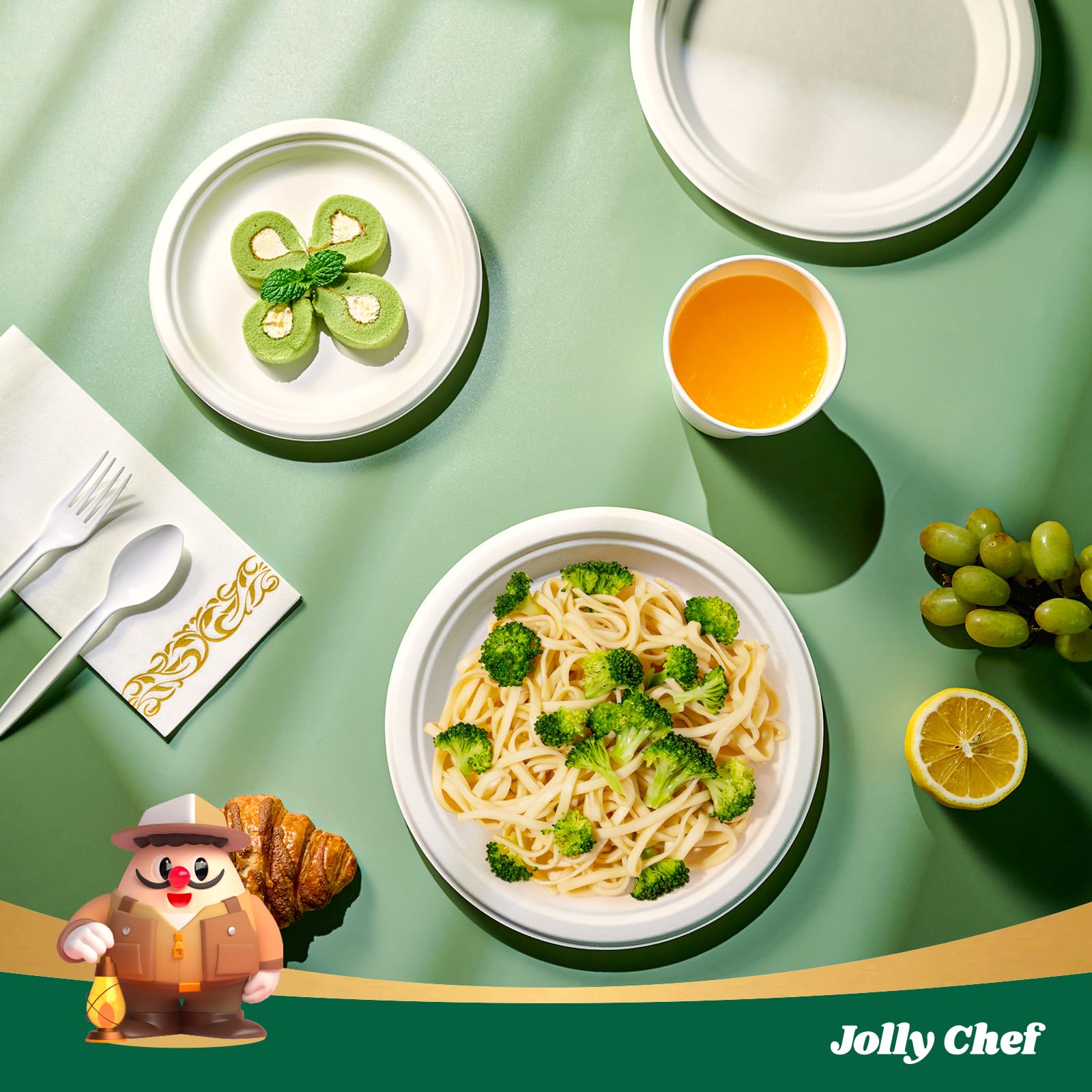 JOLLY CHEF Compostable Heavy Duty Plates 𝟳 𝗶𝗻𝗰𝗵 𝗮𝗻𝗱 𝟵 𝗶𝗻𝗰𝗵 [𝟭𝟮𝟬 𝗣𝗮𝗰𝗸] Eco-Friendly Disposable Paper Plates Bagasse Biodegradable Sugarcane for Party Hot Coold Food Christmas(White)