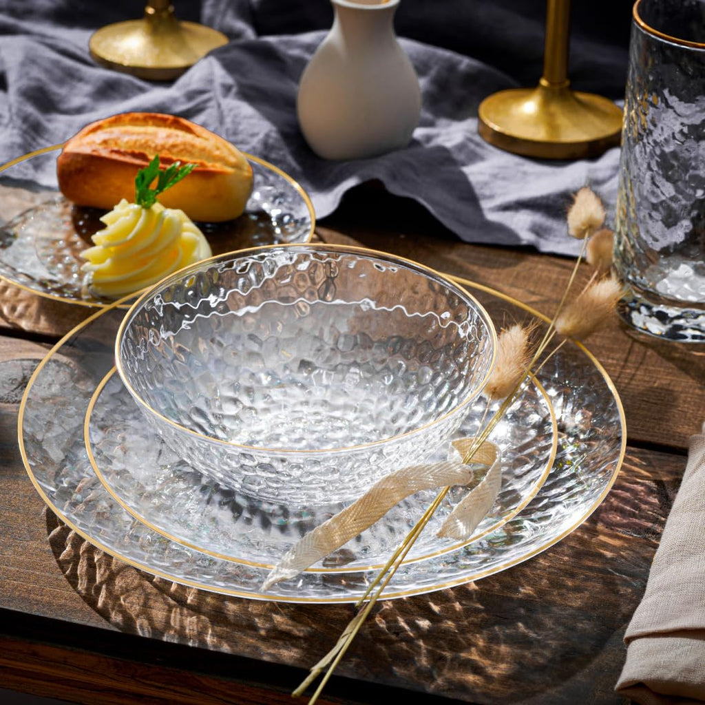 R-kay 100 Pack Clear Plastic Plates For Wedding - 10 IN Hammered Gold Rimmed Sturdy, Durable And Extra Heavy duty Gold Plastic Plates For Party - Bulk Disposable Plates For Weddings