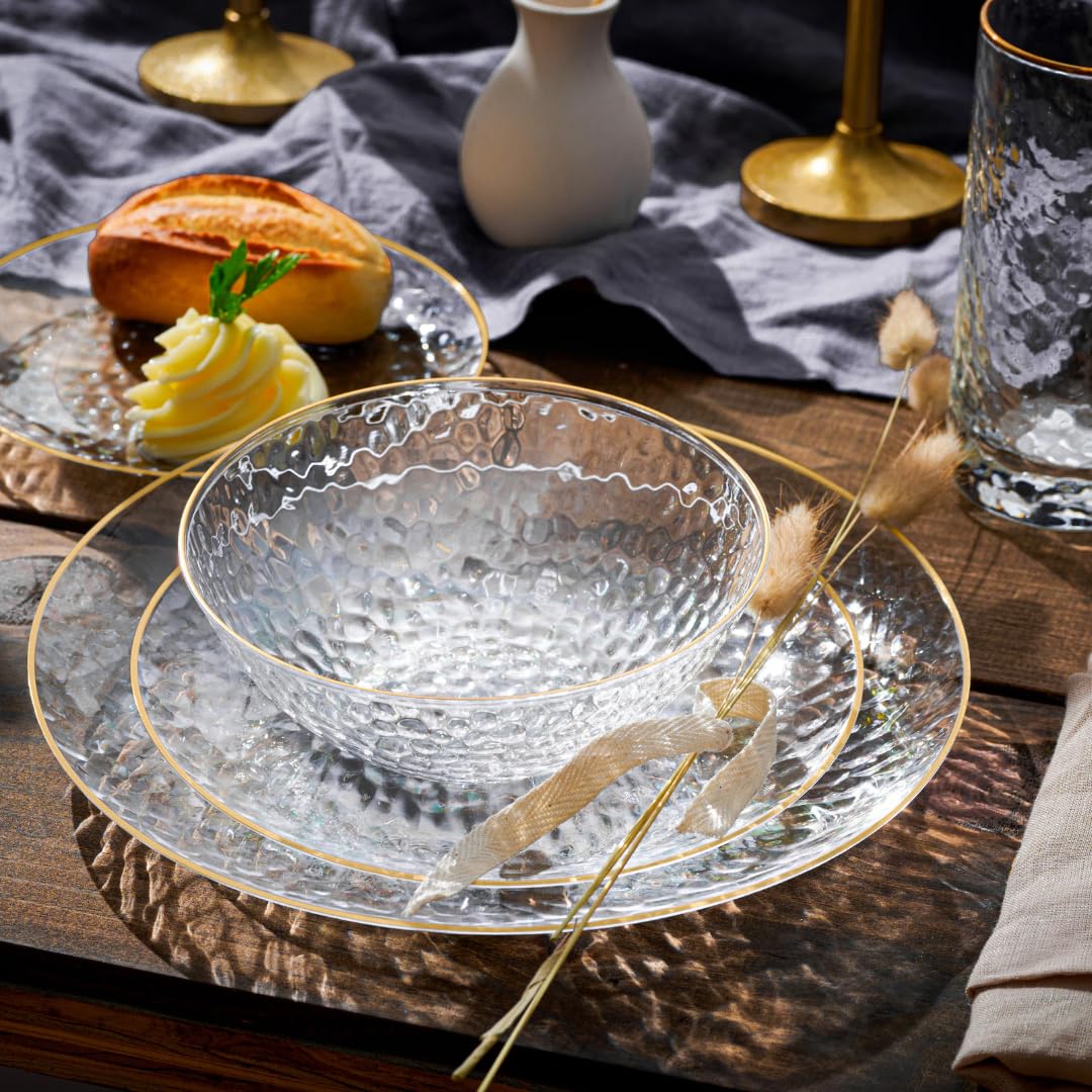 R-kay 100 Pack Clear Plastic Plates For Wedding - 10 IN Hammered Gold Rimmed Sturdy, Durable And Extra Heavy duty Gold Plastic Plates For Party - Bulk Disposable Plates For Weddings