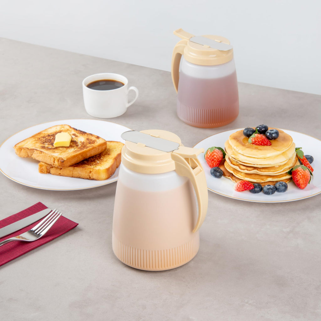 Restaurantware-Chef 101 48 Ounce All Purpose Syrup Dispensers, 10 Honey Dispensers - Beige Top, Stainless Steel Slide Cover, Plastic Pancake Syrup Bottle, Perfect For Diners, Restaurants, Home