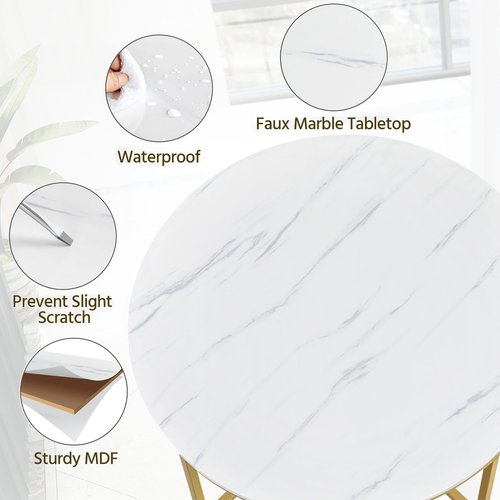 Yaheetech Faux Marble Side Table, 16in Modern Accent Sofa Table, Round Tabletop, Sturdy Metal Legs for Living Room, Mustard Gold