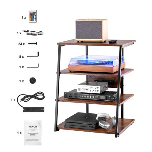 VEVOR 4-Tier AV Media Stand with Power Strips, Corner TV Stand with LED Lights, Height Adjustable Wooden Shelves for DVD Players/Cable Boxes/Games Consoles, Brown