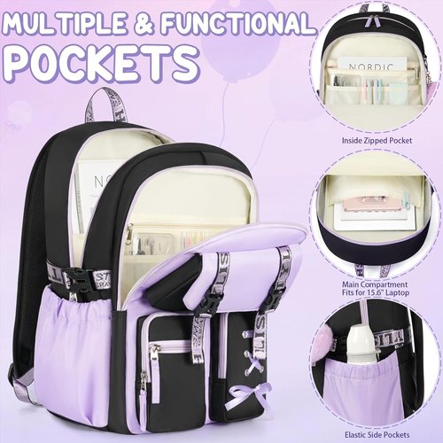 Fimibuke Girls' Backpack Set - 3 PCS Waterproof Backpack with Lunch Box & Pencil Case | Ideal for School & Travel