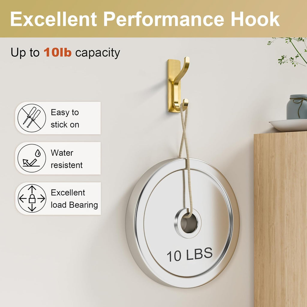Pickpiff Adhesive Wall Coat Hooks - Heavy-Duty Stick-On Metal Hangers for Towels, Bags & Jackets - Gold, 4 Pack