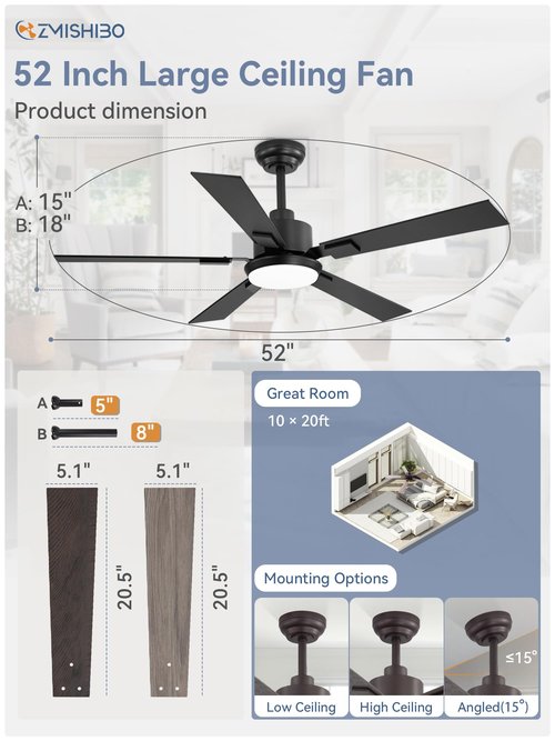 ZMISHIBO 52 inch Black Ceiling Fans with Lights and Remote, Indoor/Outdoor Modern Ceiling Fan for Bedroom Living Room Patio, 6 Speed Reversible Quiet DC Motor, 3 CCT, Dual Finish Blades