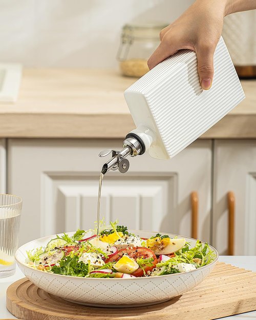 getstar Olive Oil Dispenser Bottle for Kitchen, Ceramic Decorative Oil Bottle with Automatic Stainless Steel Pourer (White)