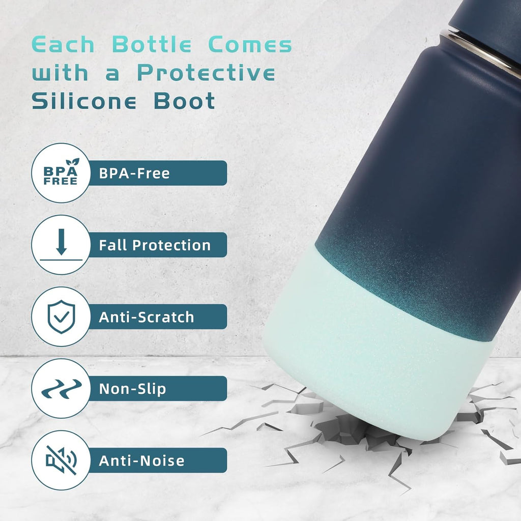 Volhoply 14oz Kids Stainless Steel Insulated Water Bottle - Leakproof Straw Lid & Silicone Boot | BPA-Free, Blue Green