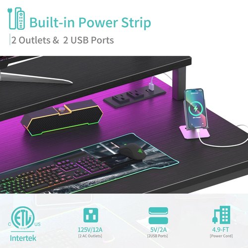 Lufeiya Small Desk with Power Outlets and LED Lights, 32 Inch Teen Writing Study Table Home Office Computer Desks with Monitor Stand, Gaming Desk with Charging Station, Black
