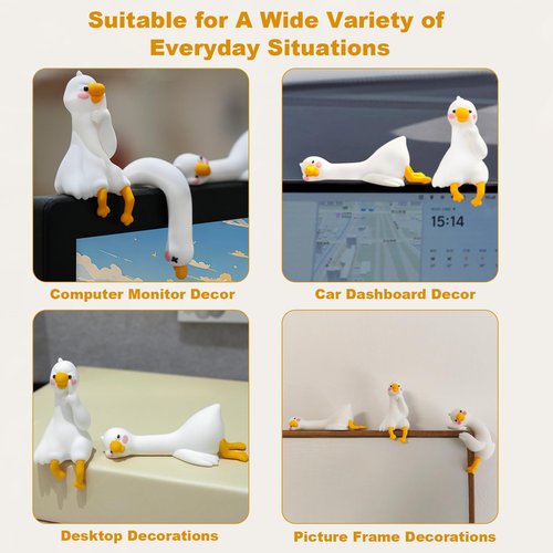CIGYPLICI 4 PCS Resin Goose Figurine Computer Monitor Decor,Cute Mini Goose Statues for Car Dashboard,Funny Desk/TV/Photo Frame Decorations (White Goose)